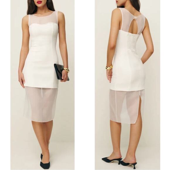 Reformation Eydie Crepe Sleeveless Sheer Panel White Midi Dress Size 12 - Picture 1 of 9
